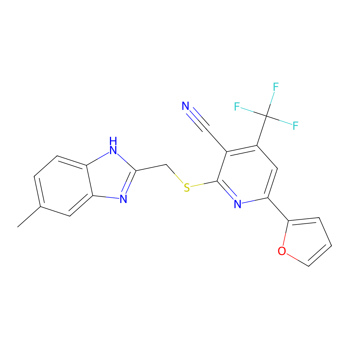6-(2-furyl)-2-{[(5-methyl-1H-1,3-benzimidazol-2-yl)methyl]sulfanyl}-4-(trifluoromethyl)nicotinonitrile molecular structure, CAS 723748-19-4