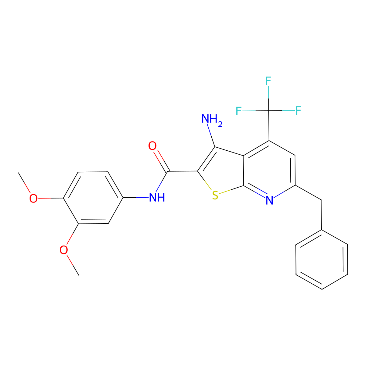 3-amino-6-benzyl-N-(3,4-dimethoxyphenyl)-4-(trifluoromethyl)thieno[2,3-b]pyridine-2-carboxamide molecular structure, CAS 723748-21-8