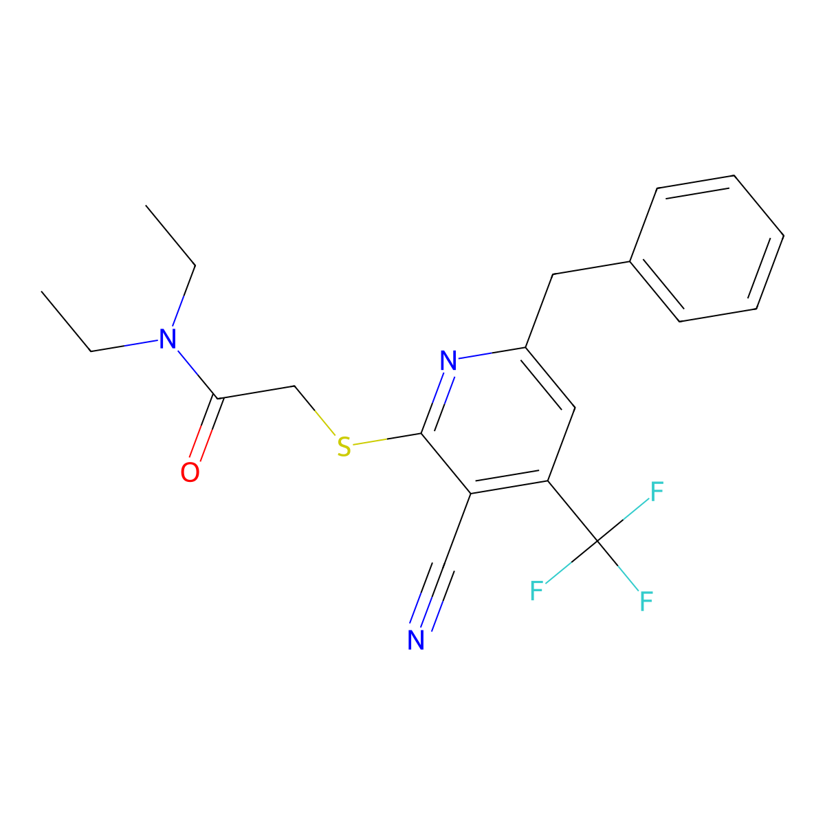 2-{[6-benzyl-3-cyano-4-(trifluoromethyl)-2-pyridinyl]sulfanyl}-N,N-diethylacetamide molecular structure, CAS 723748-27-4