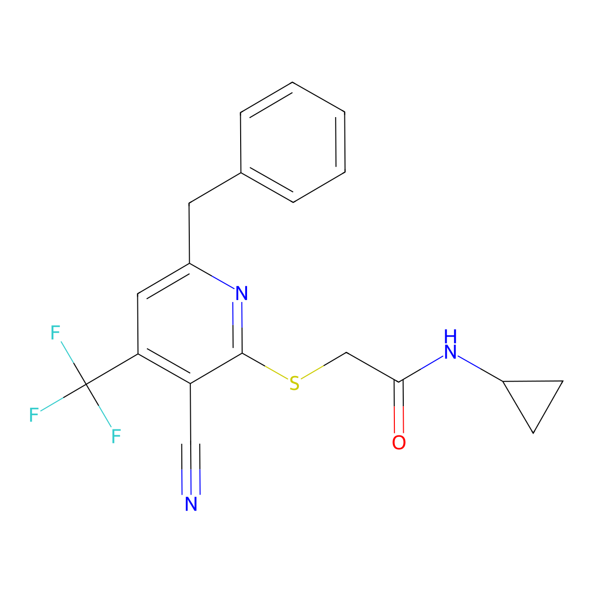 2-{[6-benzyl-3-cyano-4-(trifluoromethyl)-2-pyridinyl]sulfanyl}-N-cyclopropylacetamide molecular structure, CAS 723748-29-6