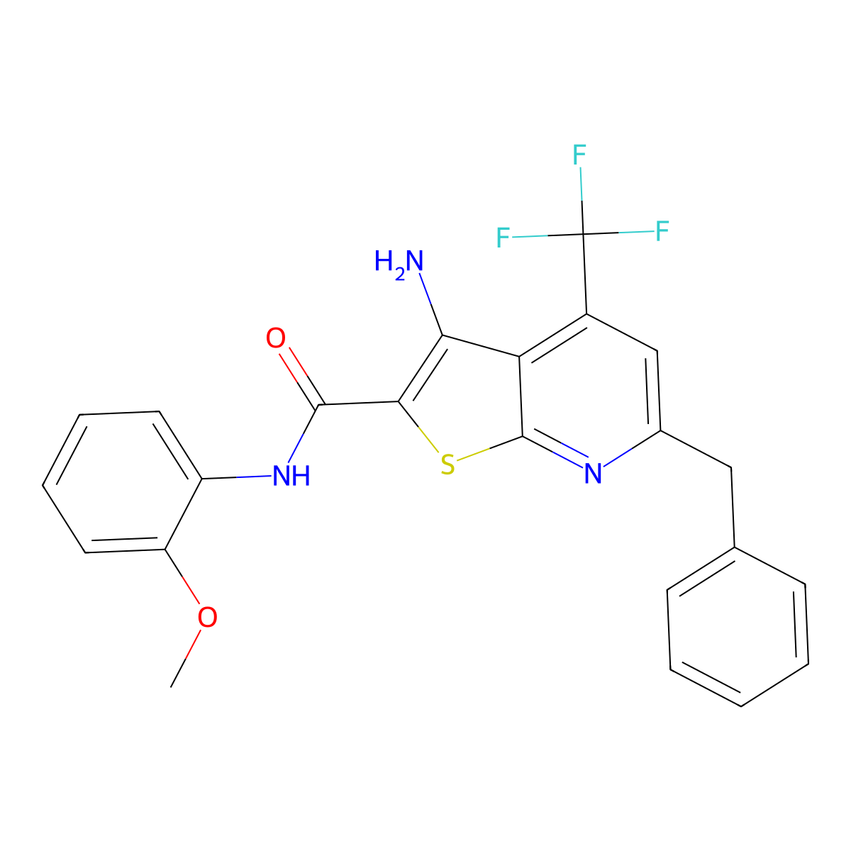 3-amino-6-benzyl-N-(2-methoxyphenyl)-4-(trifluoromethyl)thieno[2,3-b]pyridine-2-carboxamide molecular structure, CAS 723748-37-6