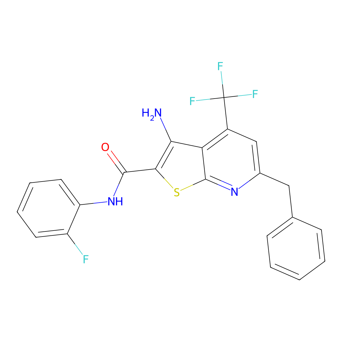 3-amino-6-benzyl-N-(2-fluorophenyl)-4-(trifluoromethyl)thieno[2,3-b]pyridine-2-carboxamide molecular structure, CAS 723748-39-8