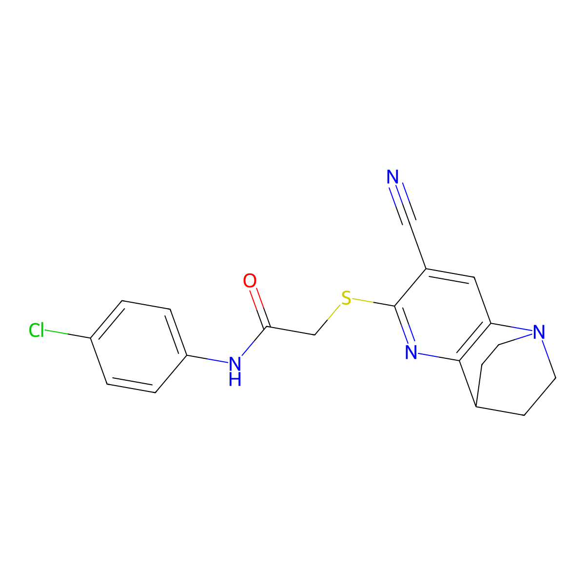 N-(4-chlorophenyl)-2-[(7-cyano-3,4-dihydro-2H-1,4-ethano-1,5-naphthyridin-6-yl)sulfanyl]acetamide molecular structure, CAS 723748-43-4