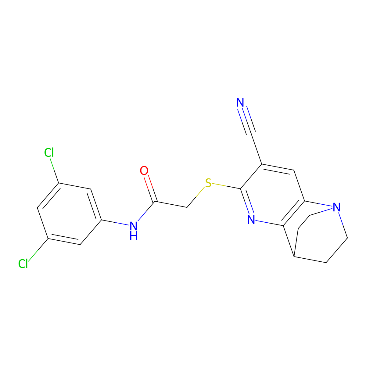 2-({4-cyano-1,6-diazatricyclo[6.2.2.0^{2,7}]dodeca-2(7),3,5-trien-5-yl}sulfanyl)-N-(3,5-dichlorophenyl)acetamide molecular structure, CAS 723748-45-6
