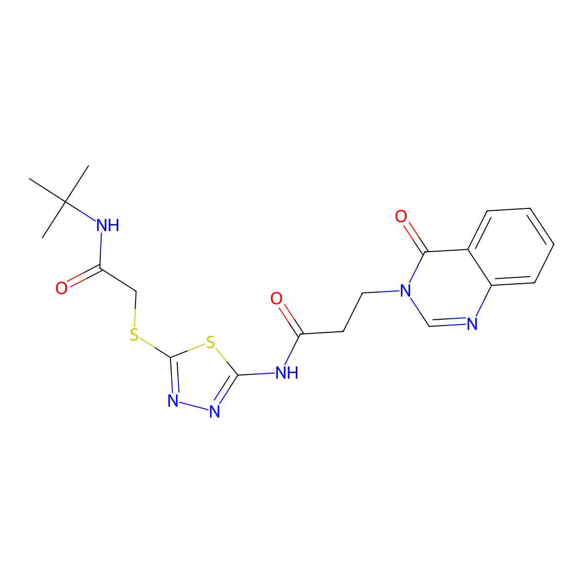 N-[5-[2-(tert-butylamino)-2-oxoethyl]sulfanyl-1,3,4-thiadiazol-2-yl]-3-(4-oxoquinazolin-3-yl)propanamide molecular structure, CAS 723750-49-0