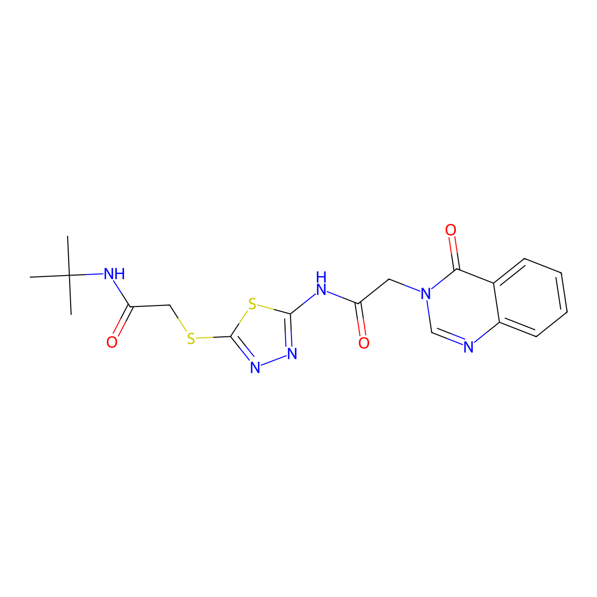 N-[5-[2-(tert-butylamino)-2-oxoethyl]sulfanyl-1,3,4-thiadiazol-2-yl]-2-(4-oxoquinazolin-3-yl)acetamide molecular structure, CAS 723750-50-3