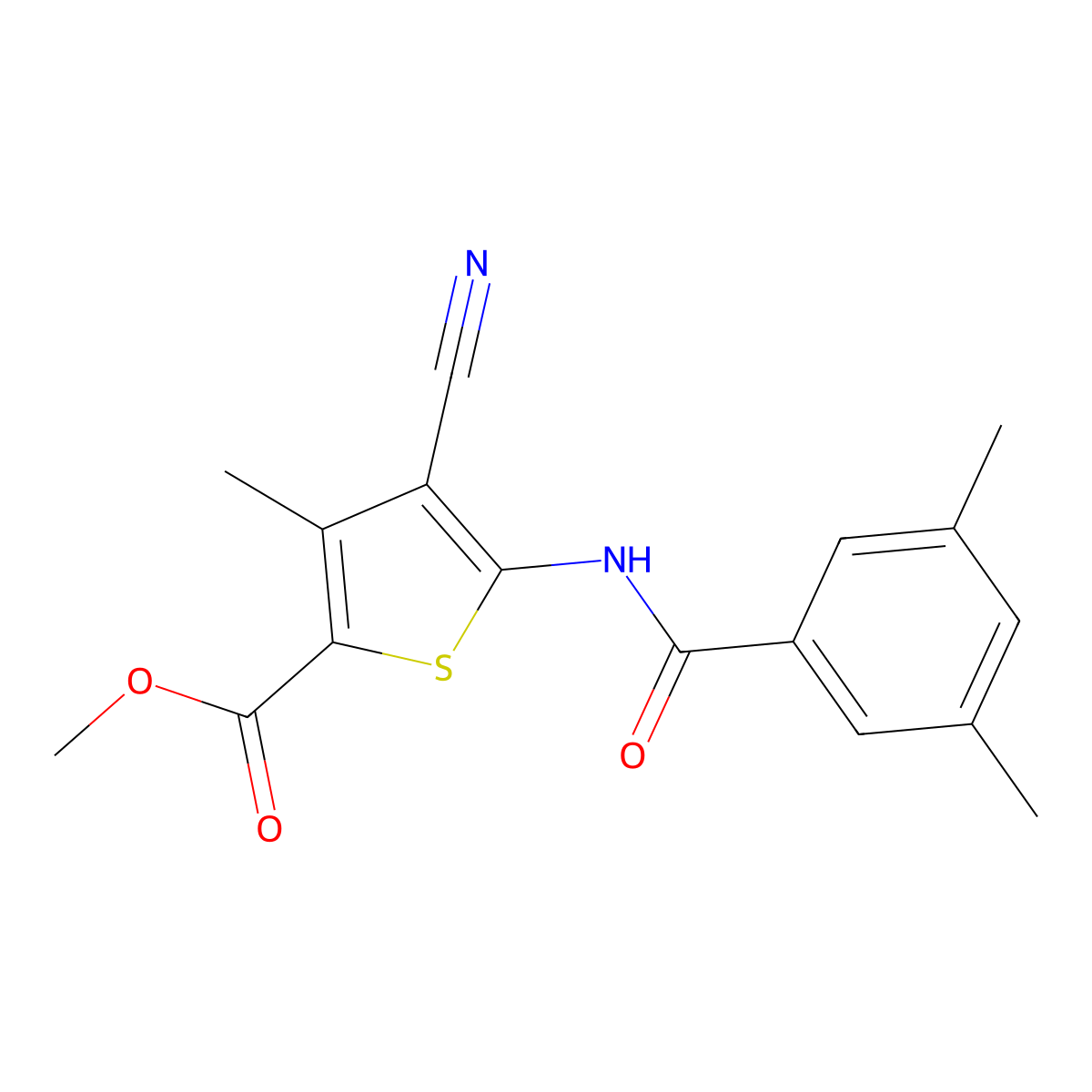 Methyl 4-cyano-5-[(3,5-dimethylbenzoyl)amino]-3-methyl-2-thiophenecarboxylate molecular structure, CAS 723752-61-2