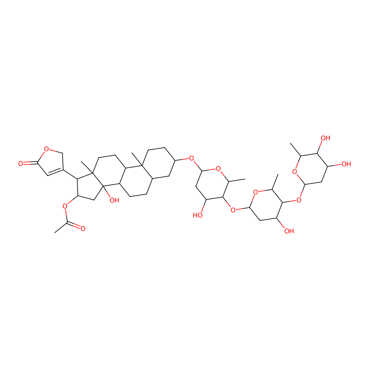 16-(Acetyloxy)-3-((2,6-dideoxyhexopyranosyl-(1->4)-2,6-dideoxyhexopyranosyl-(1->4)-2,6-dideoxyhexopyranosyl)oxy)-14-hydroxycard-20(22)-enolide molecular structure, CAS 7242-07-1