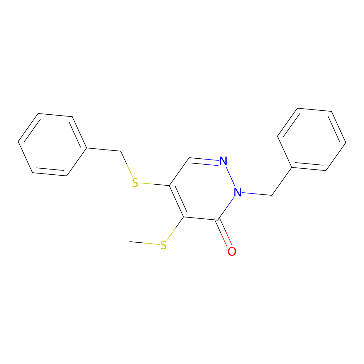 2-benzyl-5-(benzylsulfanyl)-4-(methylsulfanyl)-3(2H)-pyridazinone molecular structure, CAS 724436-47-9
