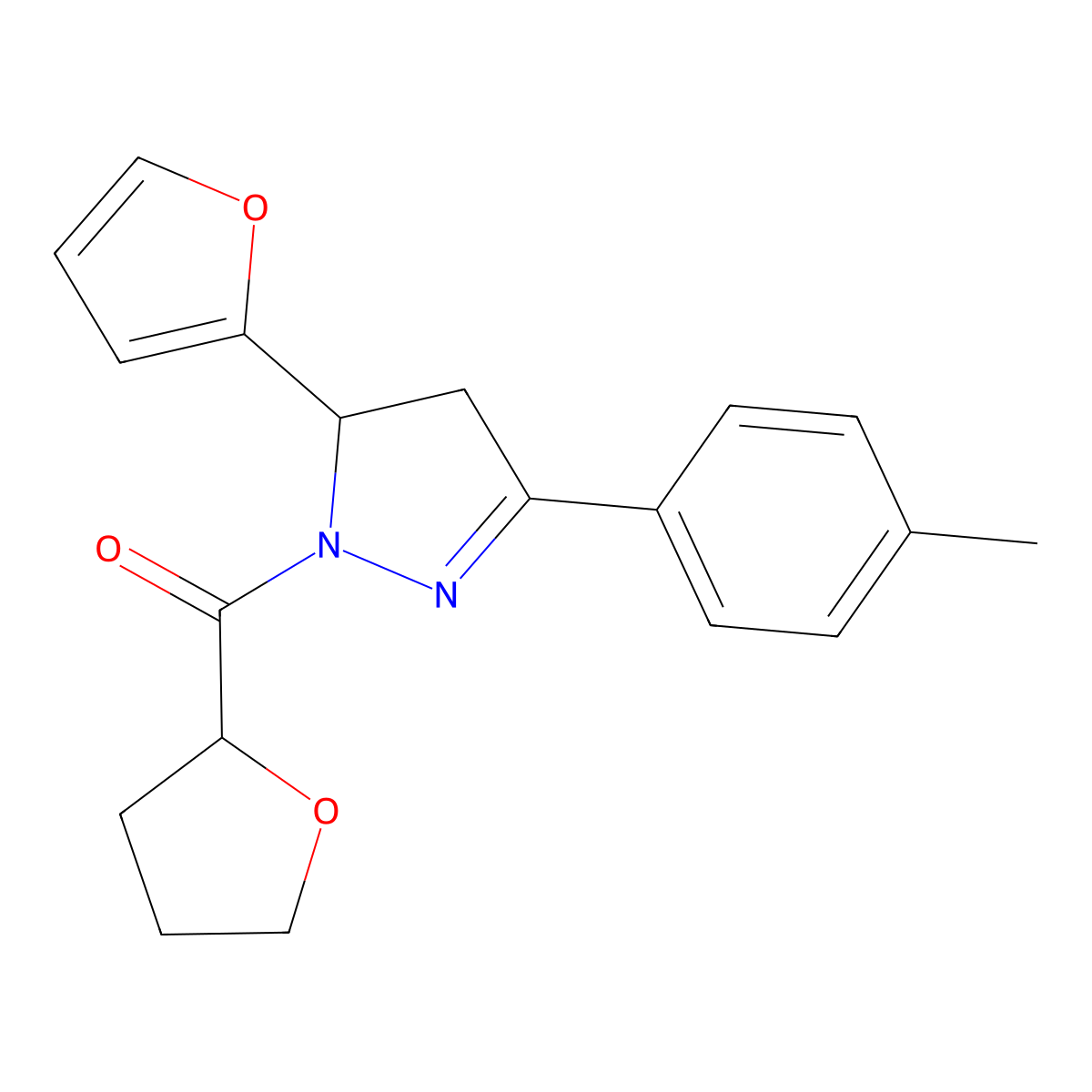 (5-(furan-2-yl)-3-(p-tolyl)-4,5-dihydro-1H-pyrazol-1-yl)(tetrahydrofuran-2-yl)methanone molecular structure, CAS 724437-42-7