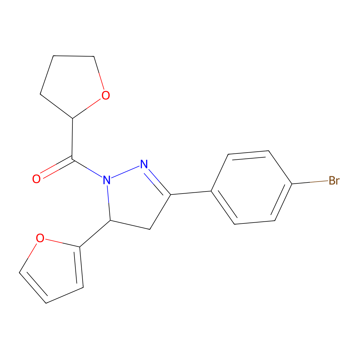 3-(4-bromophenyl)-5-(2-furyl)-1-(tetrahydro-2-furanylcarbonyl)-4,5-dihydro-1H-pyrazole molecular structure, CAS 724437-43-8