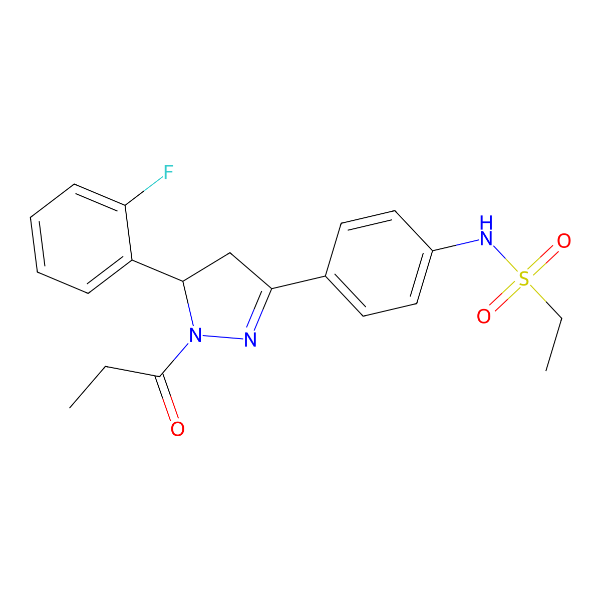 N-(4-(5-(2-fluorophenyl)-1-propionyl-4,5-dihydro-1H-pyrazol-3-yl)phenyl)ethanesulfonamide molecular structure, CAS 724437-67-6
