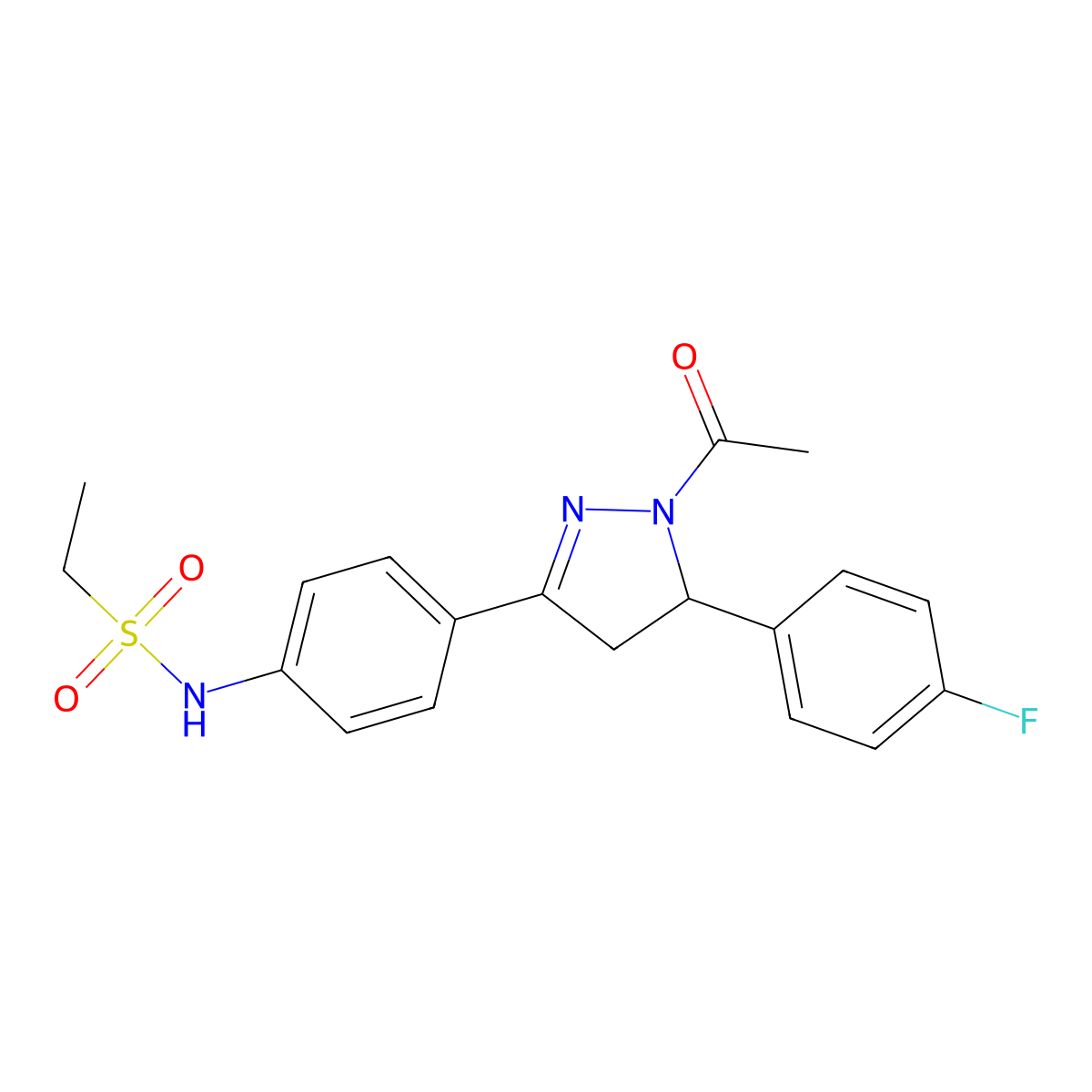 N-[4-[2-acetyl-3-(4-fluorophenyl)-3,4-dihydropyrazol-5-yl]phenyl]ethanesulfonamide molecular structure, CAS 724437-68-7