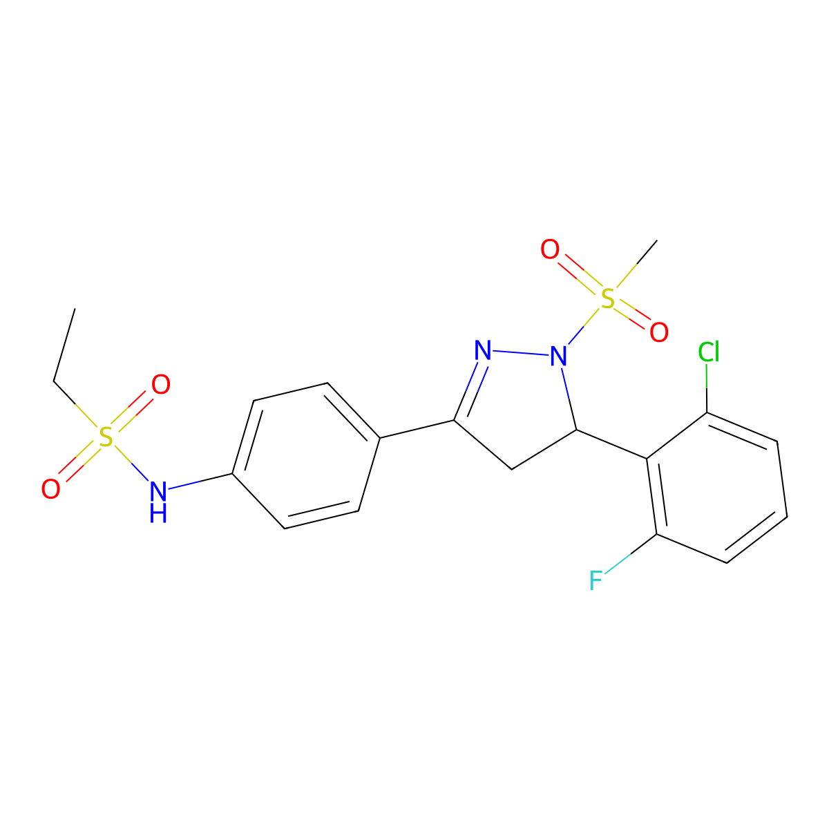 N-(4-(5-(2-chloro-6-fluorophenyl)-1-(methylsulfonyl)-4,5-dihydro-1H-pyrazol-3-yl)phenyl)ethanesulfonamide molecular structure, CAS 724437-69-8