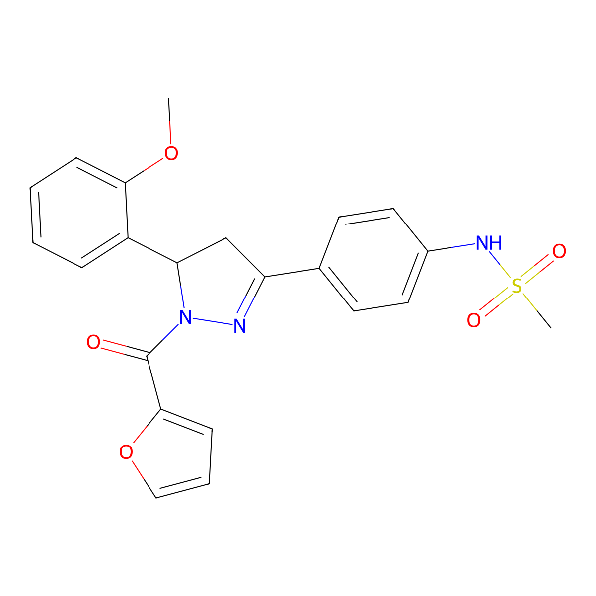 N-[4-[2-(furan-2-carbonyl)-3-(2-methoxyphenyl)-3,4-dihydropyrazol-5-yl]phenyl]methanesulfonamide molecular structure, CAS 724437-72-3