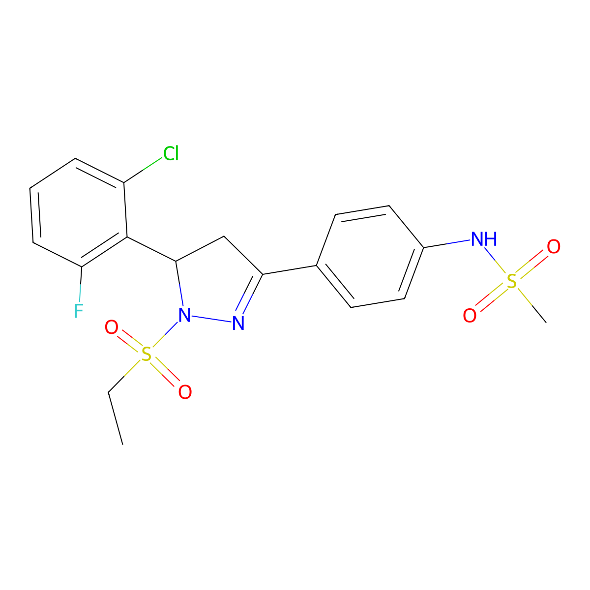 N-(4-(5-(2-chloro-6-fluorophenyl)-1-(ethylsulfonyl)-4,5-dihydro-1H-pyrazol-3-yl)phenyl)methanesulfonamide molecular structure, CAS 724437-73-4