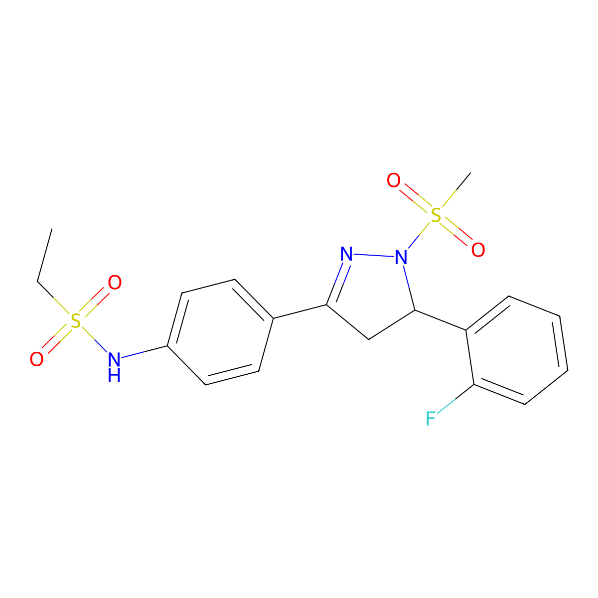 N-(4-(5-(2-fluorophenyl)-1-(methylsulfonyl)-4,5-dihydro-1H-pyrazol-3-yl)phenyl)ethanesulfonamide molecular structure, CAS 724437-76-7