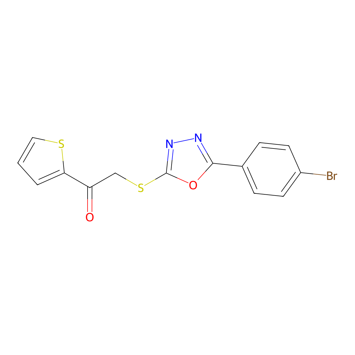 2-[[5-(4-Bromophenyl)-1,3,4-oxadiazol-2-yl]sulfanyl]-1-thiophen-2-ylethanone molecular structure, CAS 724438-06-6