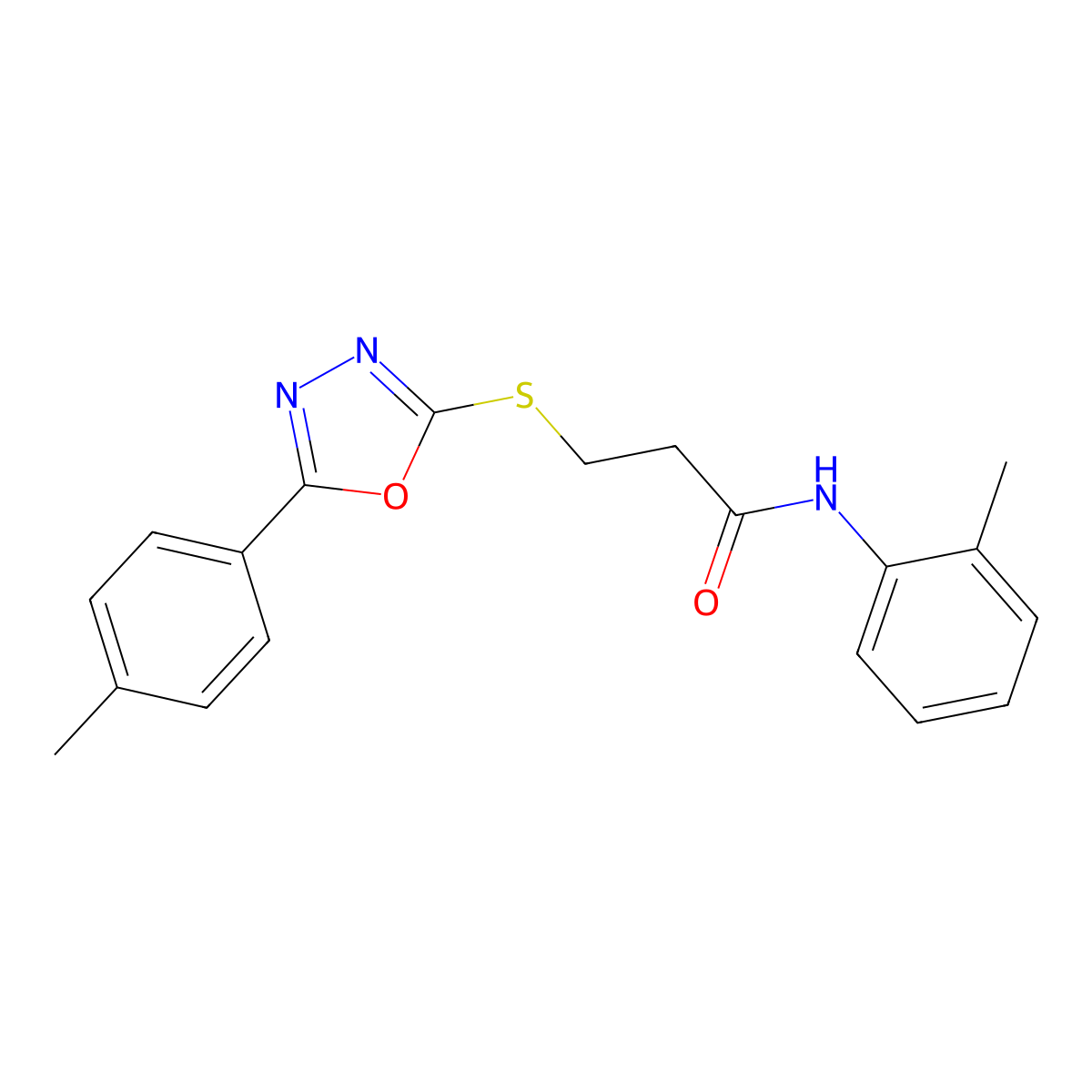 N-(2-methylphenyl)-3-[[5-(4-methylphenyl)-1,3,4-oxadiazol-2-yl]sulfanyl]propanamide molecular structure, CAS 724439-02-5