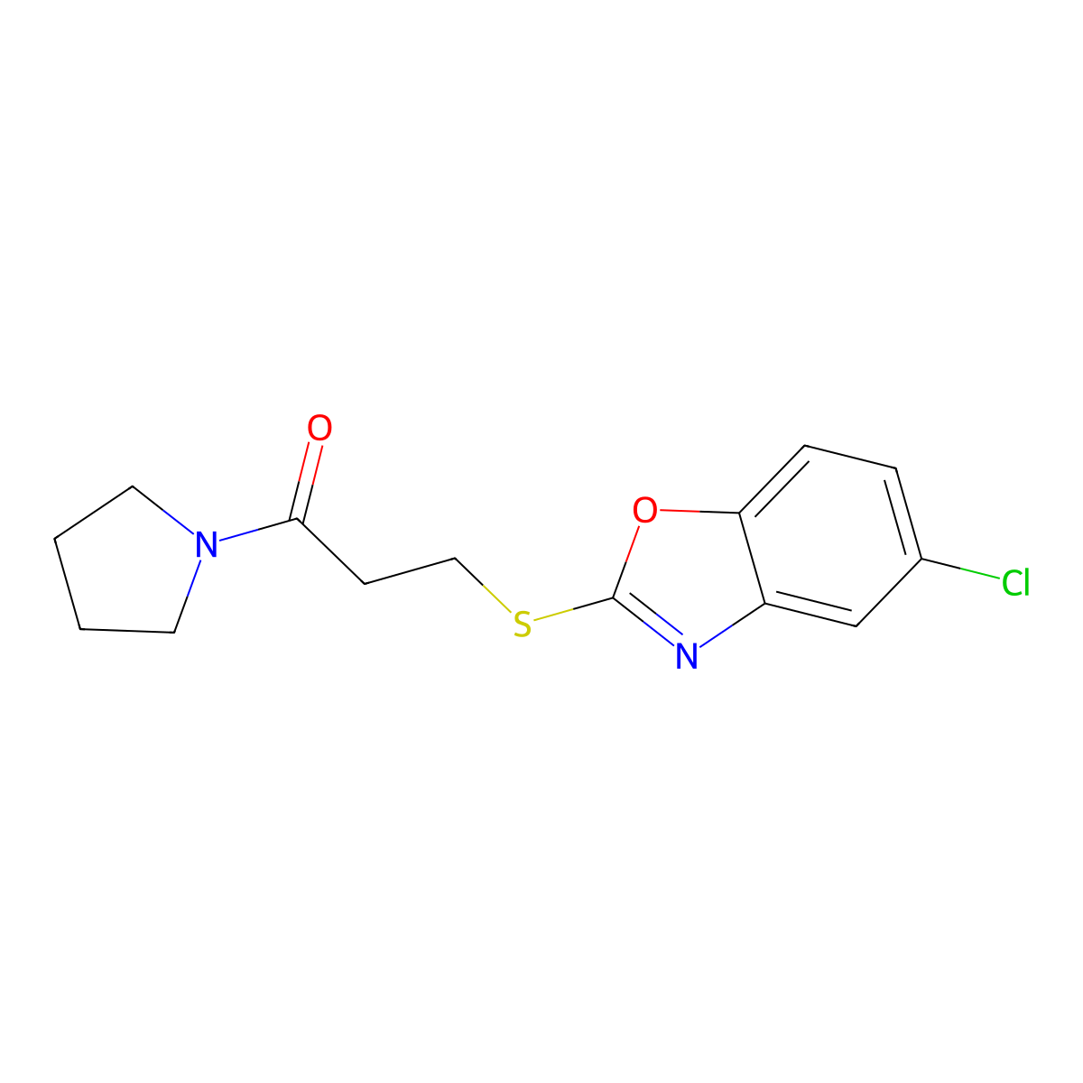 5-Chloro-1,3-benzoxazol-2-yl 3-oxo-3-(1-pyrrolidinyl)propyl sulfide molecular structure, CAS 724439-25-2