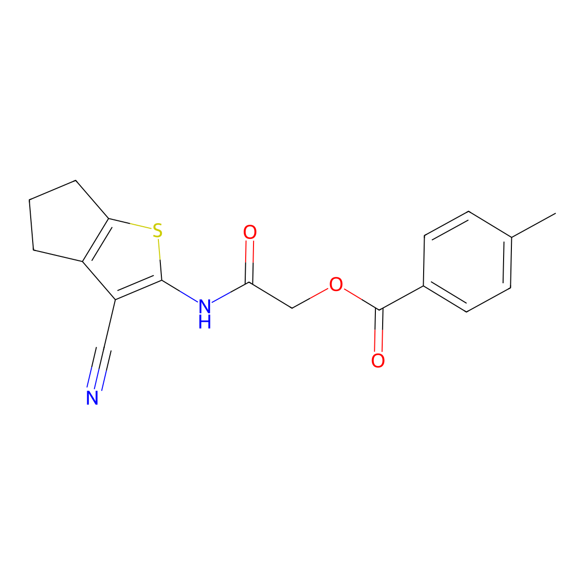4-Methyl-benzoic acid (3-cyano-5,6-dihydro-4H-cyclopenta[b]thiophen-2-ylcarbamoyl)-methyl ester molecular structure, CAS 724446-32-6