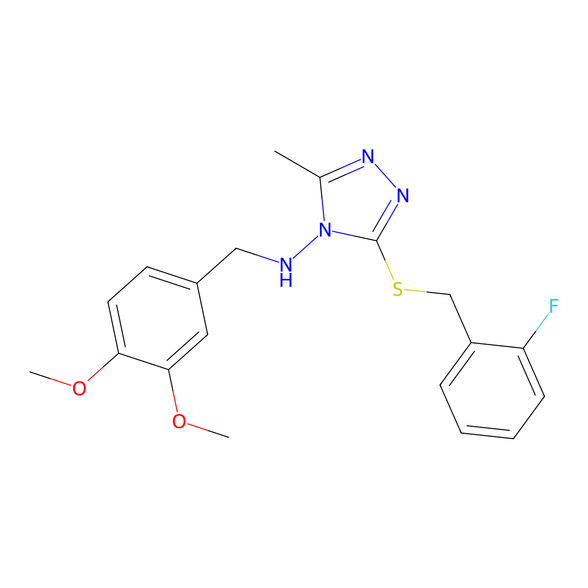 N-[(3,4-dimethoxyphenyl)methyl]-3-[(2-fluorophenyl)methylsulfanyl]-5-methyl-1,2,4-triazol-4-amine molecular structure, CAS 724446-74-6
