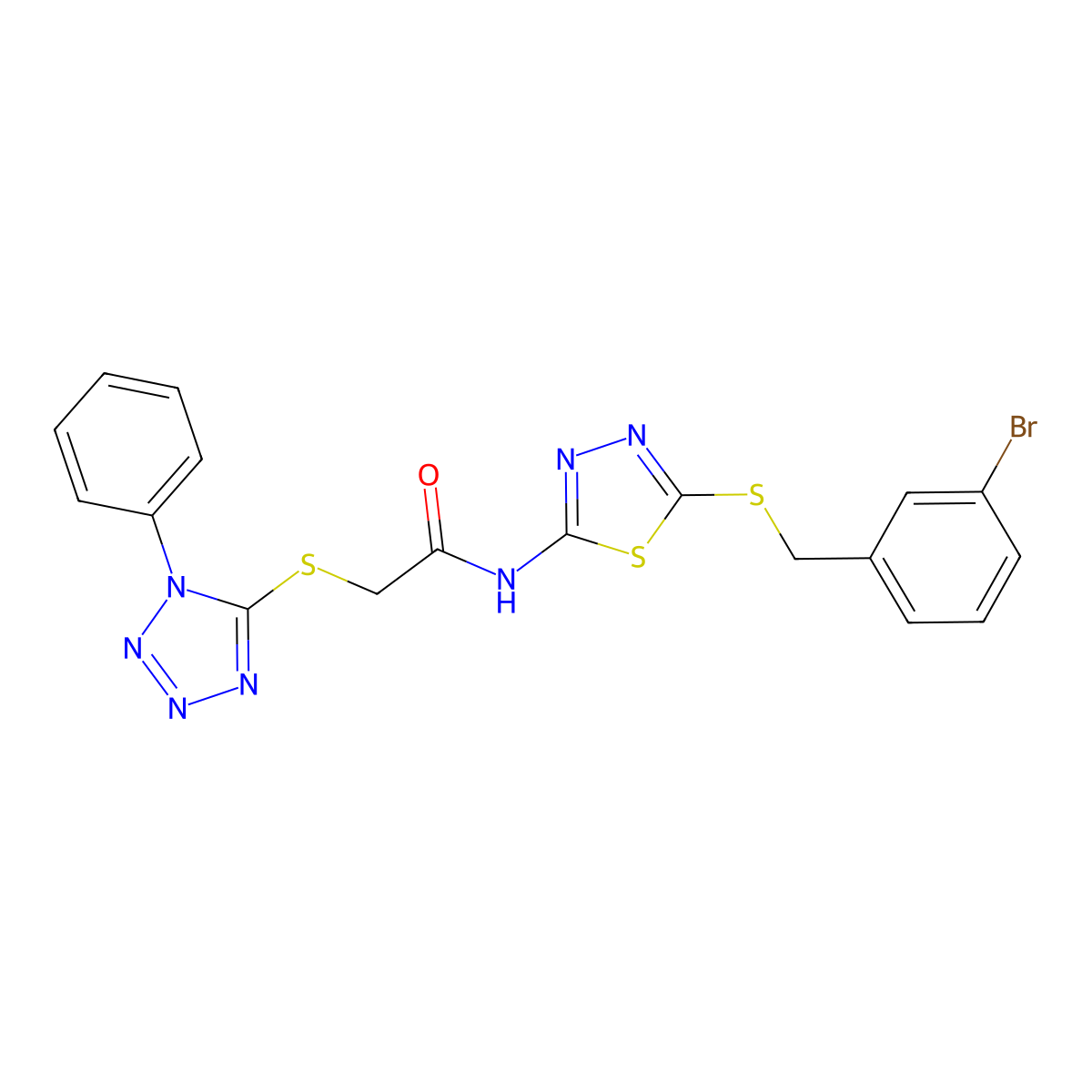 N-{5-[(3-bromobenzyl)sulfanyl]-1,3,4-thiadiazol-2-yl}-2-[(1-phenyl-1H-tetrazol-5-yl)sulfanyl]acetamide molecular structure, CAS 724450-24-2