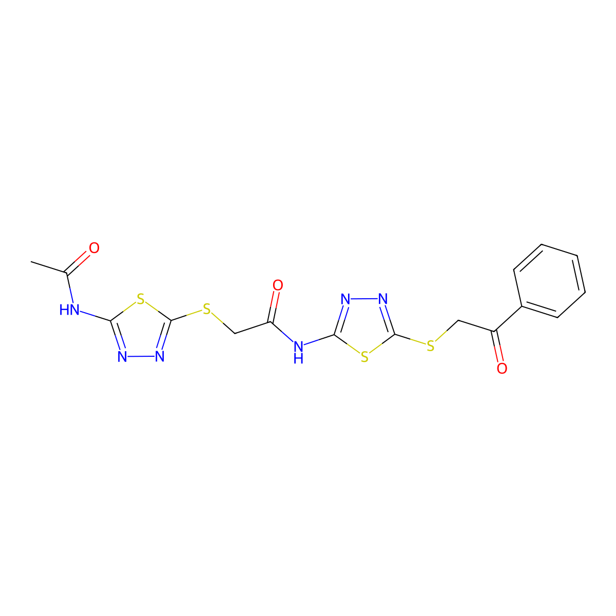 2-[(5-acetamido-1,3,4-thiadiazol-2-yl)sulfanyl]-N-(5-phenacylsulfanyl-1,3,4-thiadiazol-2-yl)acetamide molecular structure, CAS 724450-29-7