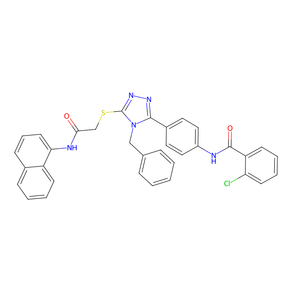 N-[4-[4-benzyl-5-[2-(naphthalen-1-ylamino)-2-oxoethyl]sulfanyl-1,2,4-triazol-3-yl]phenyl]-2-chlorobenzamide molecular structure, CAS 724451-02-9