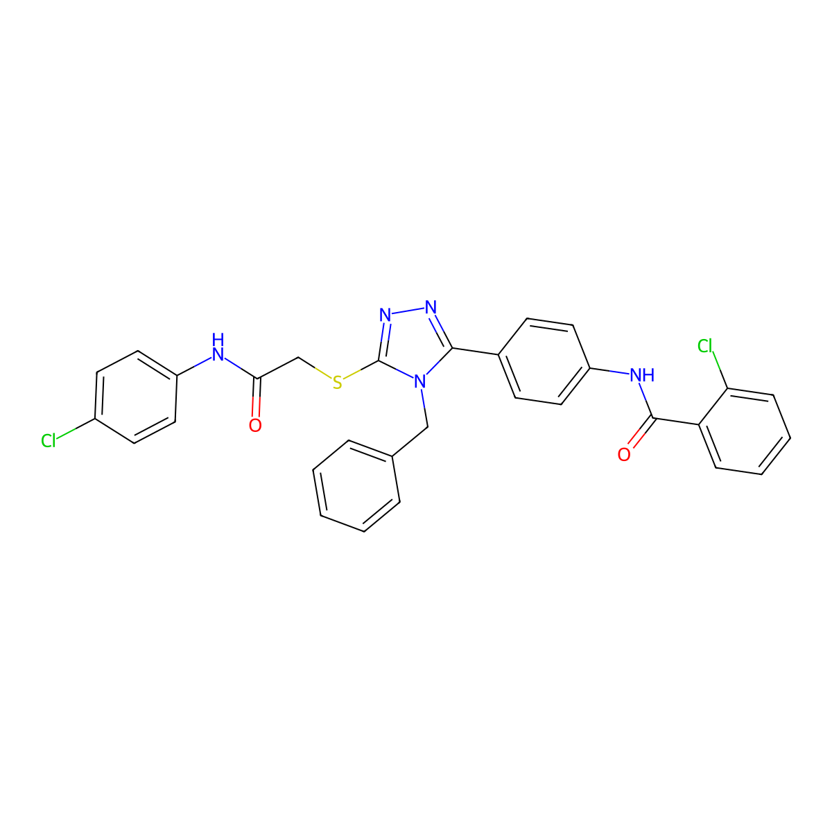 N-[4-[4-benzyl-5-[2-(4-chloroanilino)-2-oxoethyl]sulfanyl-1,2,4-triazol-3-yl]phenyl]-2-chlorobenzamide molecular structure, CAS 724451-03-0