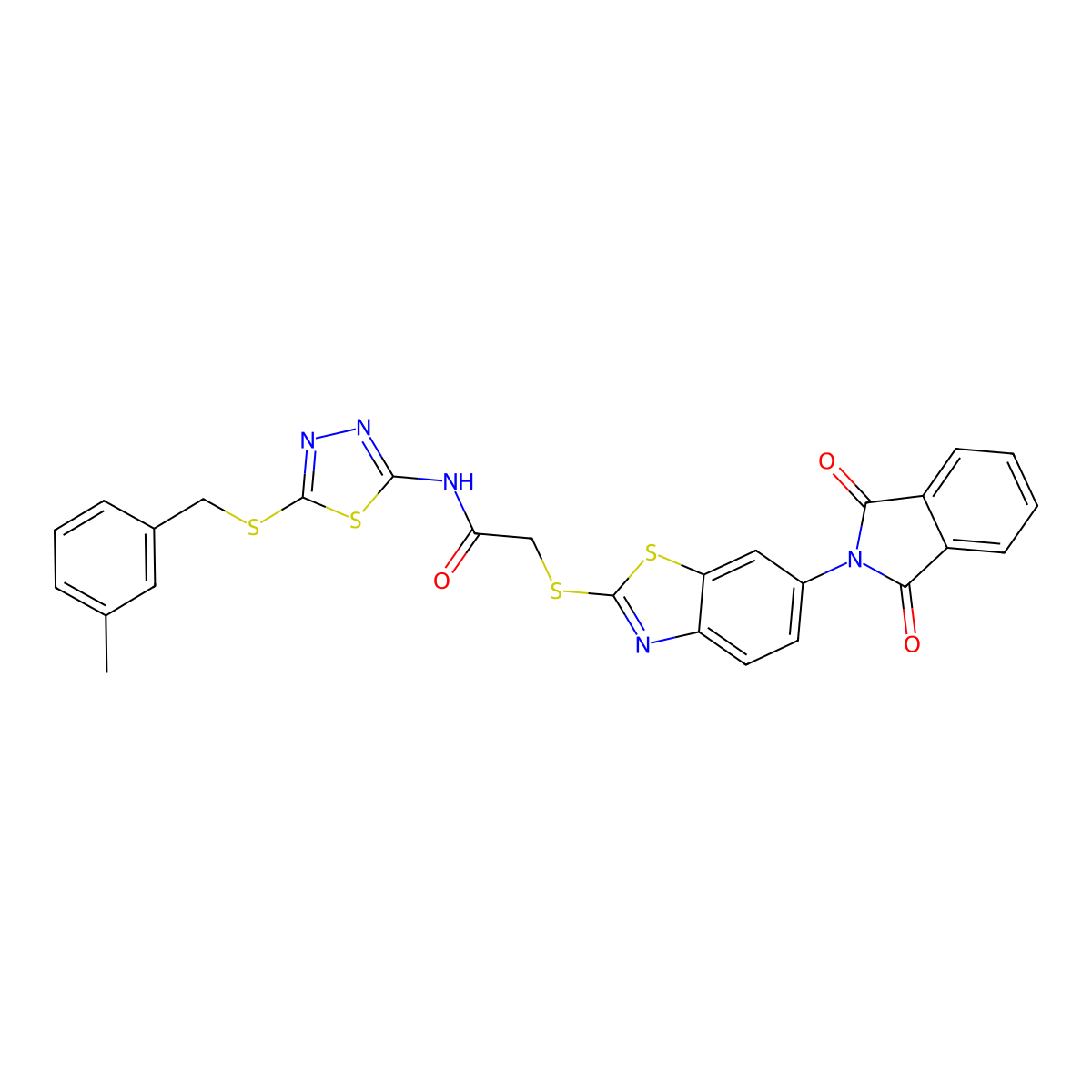 2-[[6-(1,3-dioxoisoindol-2-yl)-1,3-benzothiazol-2-yl]sulfanyl]-N-[5-[(3-methylphenyl)methylsulfanyl]-1,3,4-thiadiazol-2-yl]acetamide molecular structure, CAS 724451-35-8