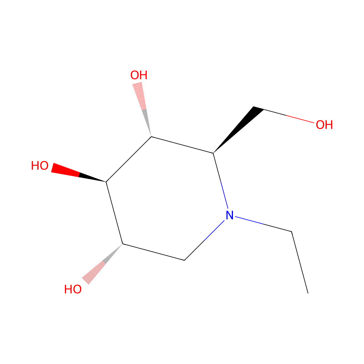 3,4,5-Piperidinetriol, 1-ethyl-2-(hydroxymethyl)-, (2R,3R,4R,5S)- molecular structure, CAS 72458-42-5