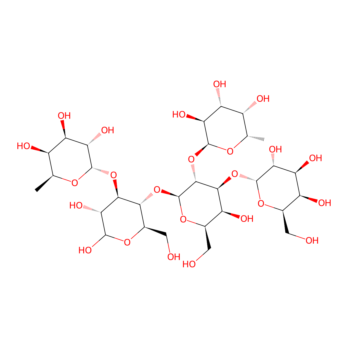 6-Deoxy-alpha-L-galactopyranosyl-(1->3)-(6-deoxy-alpha-L-galactopyranosyl-(1->2)-(alpha-D-galactopyranosyl-(1->3))-beta-D-galactopyranosyl-(1->4))-D-glucopyranose molecular structure, CAS 72468-43-0