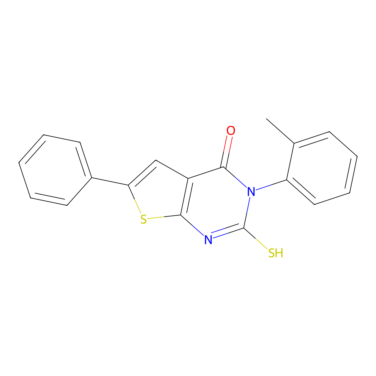 3-(2-methylphenyl)-6-phenyl-2-sulfanyl-3H,4H-thieno[2,3-d]pyrimidin-4-one molecular structure, CAS 724704-32-9
