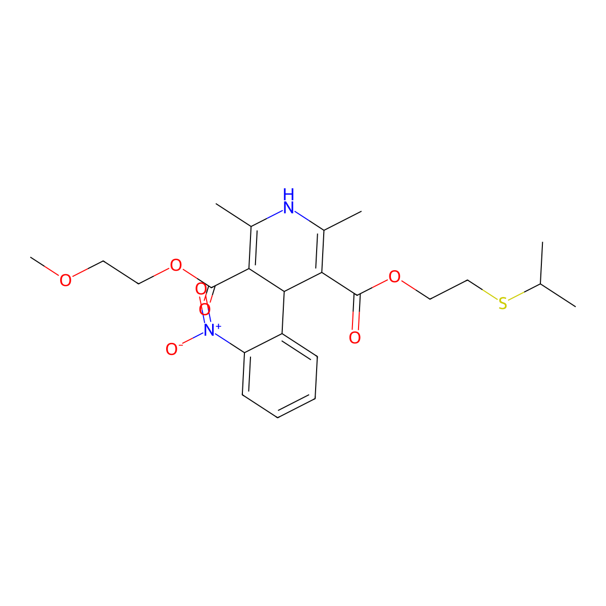 3-O-(2-methoxyethyl) 5-O-(2-propan-2-ylsulfanylethyl) 2,6-dimethyl-4-(2-nitrophenyl)-1,4-dihydropyridine-3,5-dicarboxylate molecular structure, CAS 724737-08-0