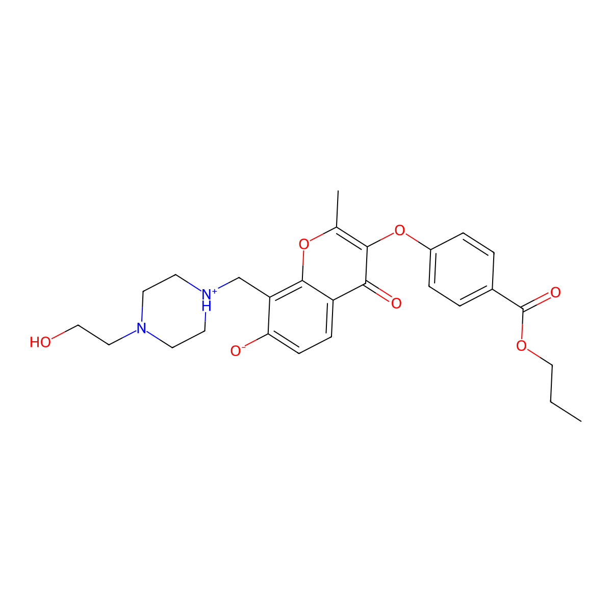 propyl 4-((7-hydroxy-8-((4-(2-hydroxyethyl)piperazin-1-yl)methyl)-2-methyl-4-oxo-4H-chromen-3-yl)oxy)benzoate molecular structure, CAS 724741-03-1
