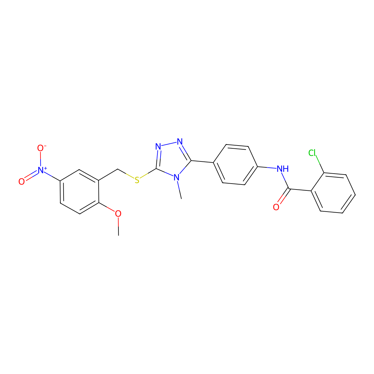 2-chloro-N-[4-[5-[(2-methoxy-5-nitrophenyl)methylsulfanyl]-4-methyl-1,2,4-triazol-3-yl]phenyl]benzamide molecular structure, CAS 724741-14-4