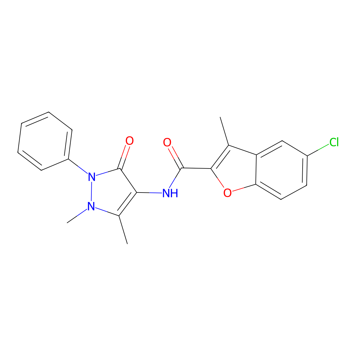 5-chloro-N-(1,5-dimethyl-3-oxo-2-phenyl-2,3-dihydro-1H-pyrazol-4-yl)-3-methyl-1-benzofuran-2-carboxamide molecular structure, CAS 724741-17-7