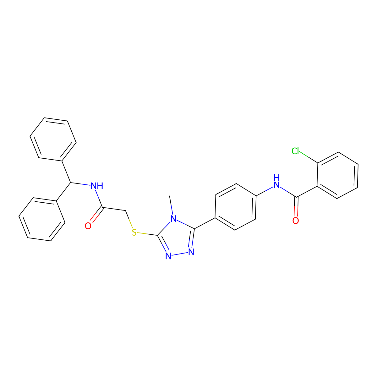 N-[4-[5-[2-(benzhydrylamino)-2-oxoethyl]sulfanyl-4-methyl-1,2,4-triazol-3-yl]phenyl]-2-chlorobenzamide molecular structure, CAS 724741-21-3
