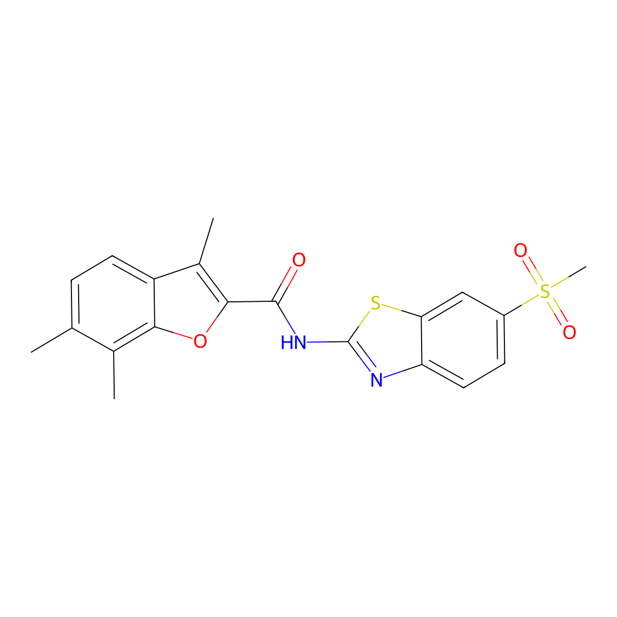 3,6,7-trimethyl-N-[6-(methylsulfonyl)-1,3-benzothiazol-2-yl]-1-benzofuran-2-carboxamide molecular structure, CAS 724741-35-9