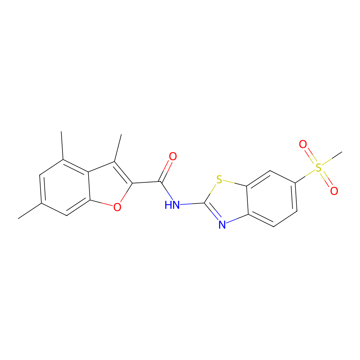 3,4,6-trimethyl-N-[6-(methylsulfonyl)-1,3-benzothiazol-2-yl]-1-benzofuran-2-carboxamide molecular structure, CAS 724741-38-2