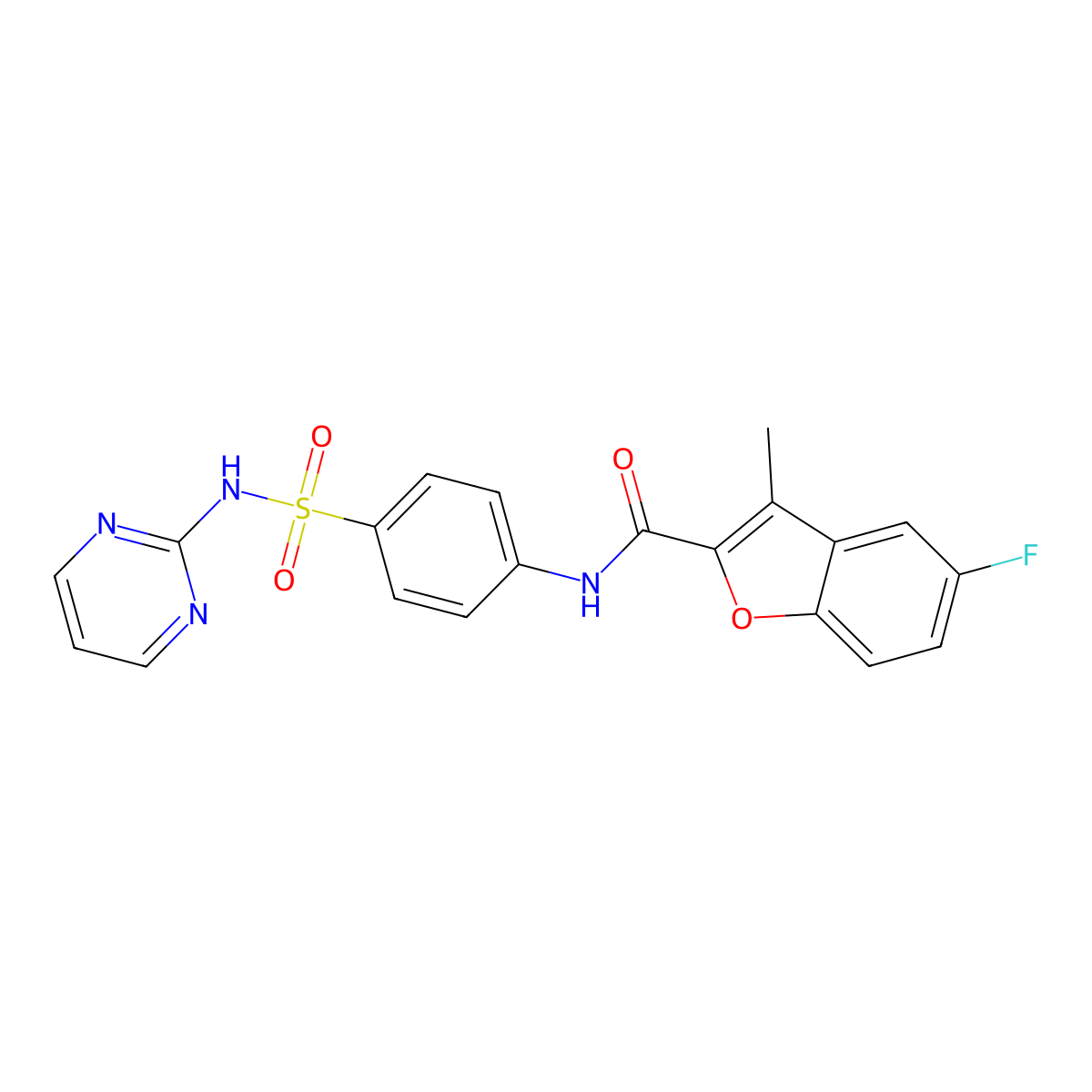 5-fluoro-3-methyl-N-[4-(pyrimidin-2-ylsulfamoyl)phenyl]-1-benzofuran-2-carboxamide molecular structure, CAS 724741-43-9