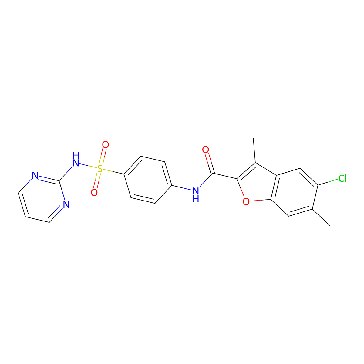 5-chloro-3,6-dimethyl-N-[4-(pyrimidin-2-ylsulfamoyl)phenyl]-1-benzofuran-2-carboxamide molecular structure, CAS 724741-46-2