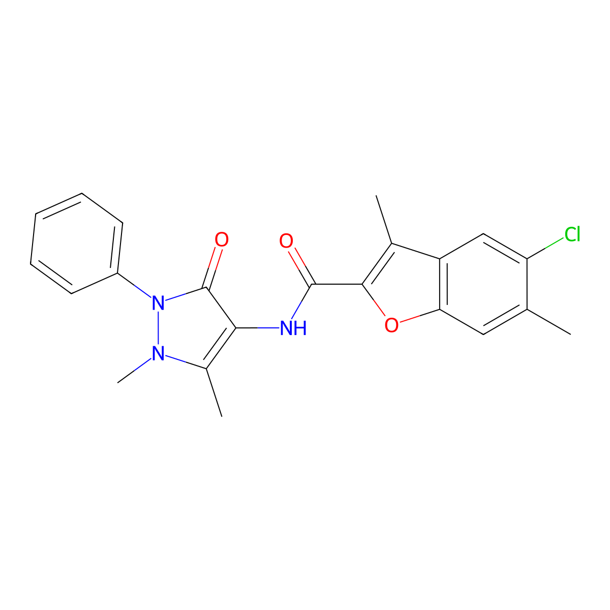 5-chloro-N-(1,5-dimethyl-3-oxo-2-phenyl-2,3-dihydro-1H-pyrazol-4-yl)-3,6-dimethyl-1-benzofuran-2-carboxamide molecular structure, CAS 724741-89-3
