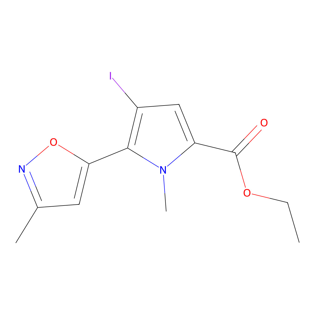 Ethyl 4-iodo-1-methyl-5-(3-methyl-5-isoxazolyl)-1H-pyrrole-2-carboxylate molecular structure, CAS 724743-72-0