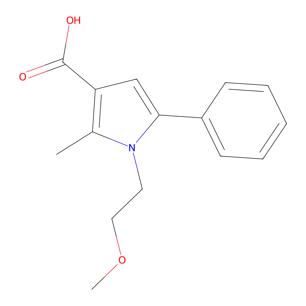 1-(2-methoxyethyl)-2-methyl-5-phenyl-1H-pyrrole-3-carboxylic acid molecular structure, CAS 724744-79-0