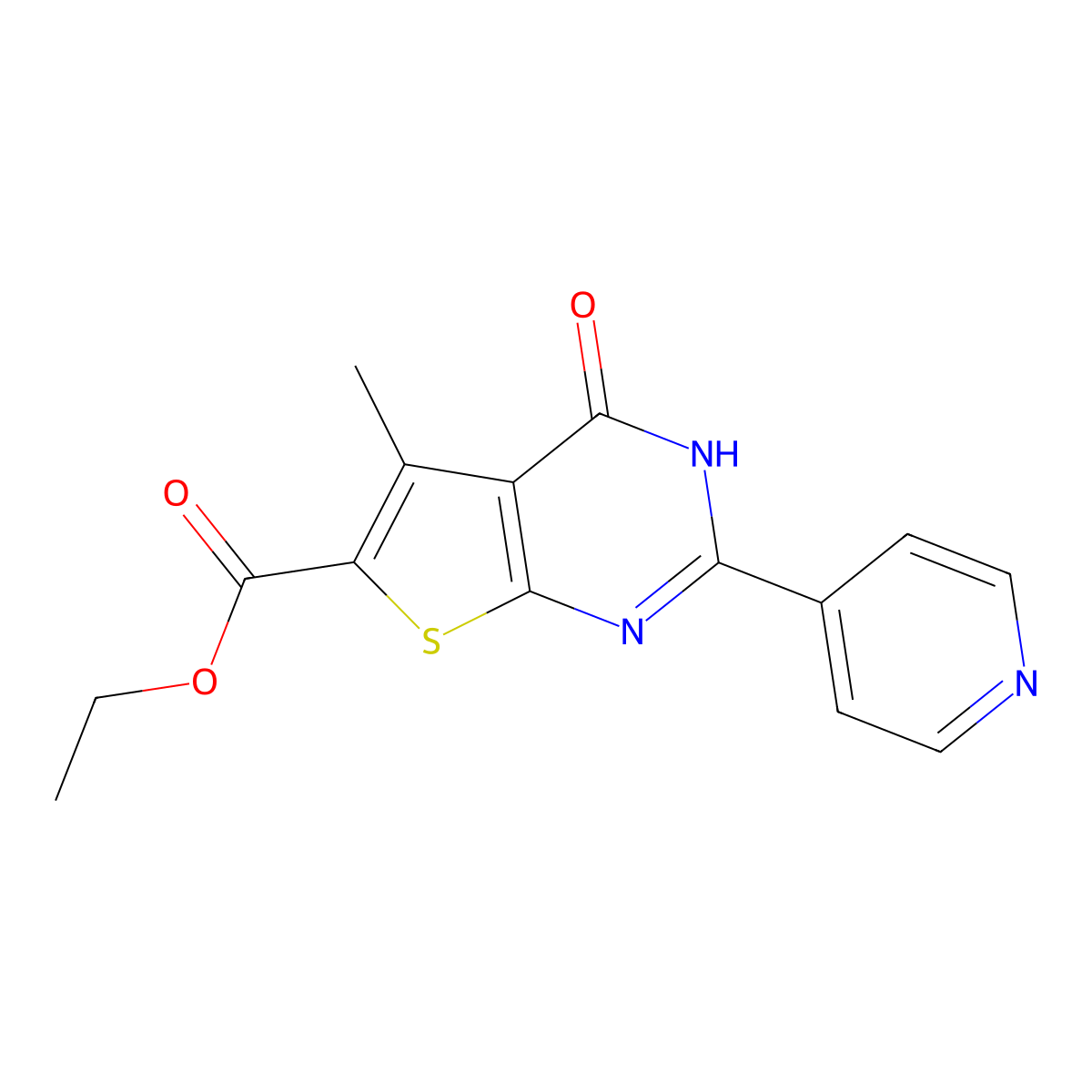 Ethyl 5-methyl-4-oxo-2-(4-pyridinyl)-3,4-dihydrothieno[2,3-d]pyrimidine-6-carboxylate molecular structure, CAS 724745-24-8