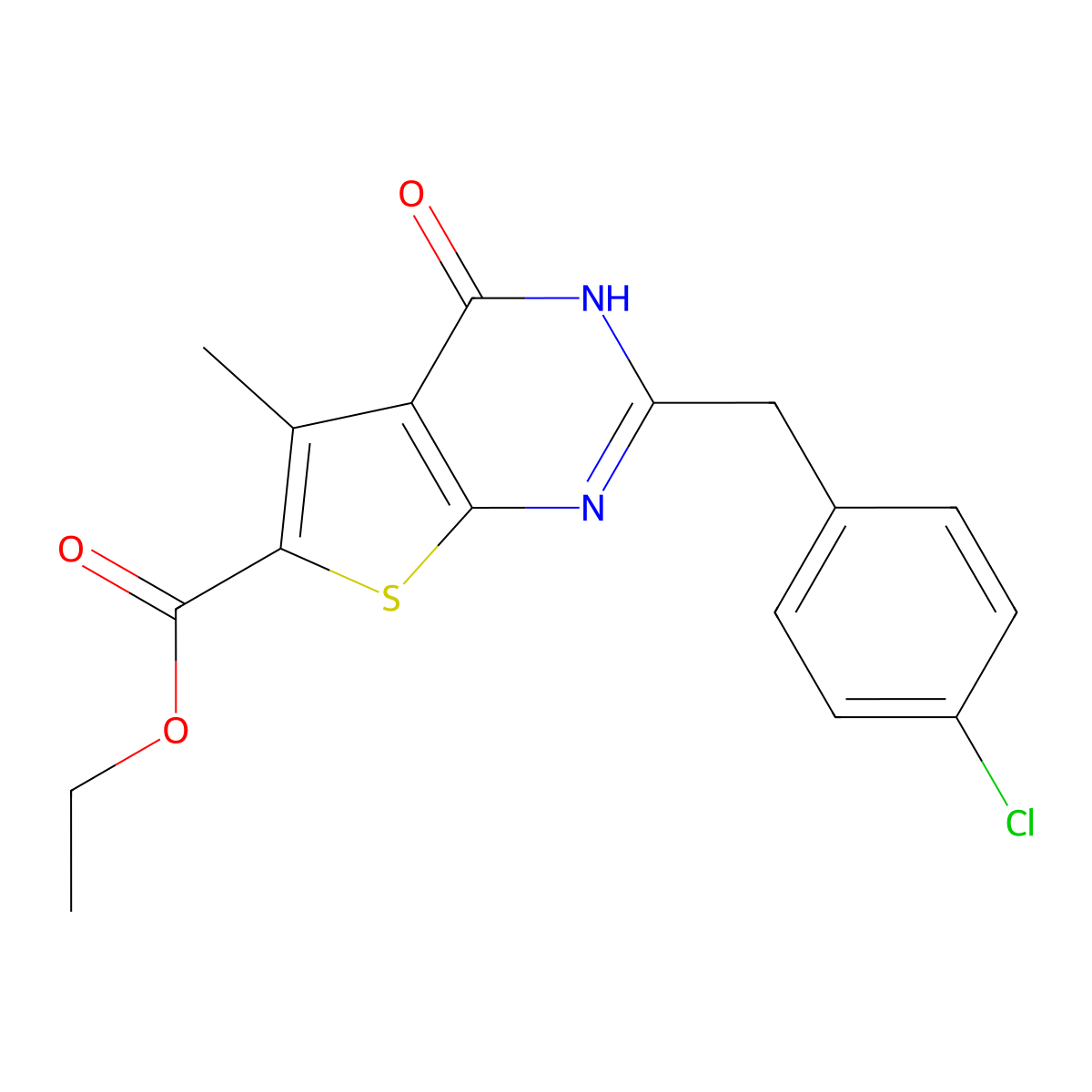 ethyl 2-[(4-chlorophenyl)methyl]-5-methyl-4-oxo-3H-thieno[2,3-d]pyrimidine-6-carboxylate molecular structure, CAS 724745-51-1
