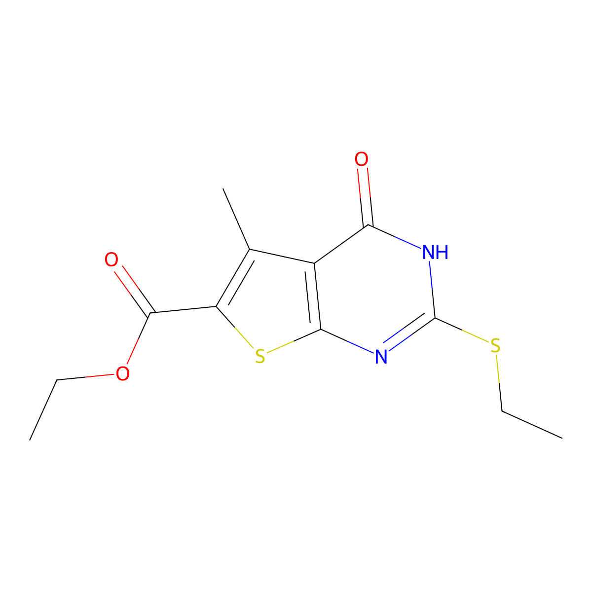 Ethyl 2-(ethylsulfanyl)-5-methyl-4-oxo-3,4-dihydrothieno[2,3-d]pyrimidine-6-carboxylate molecular structure, CAS 724745-60-2