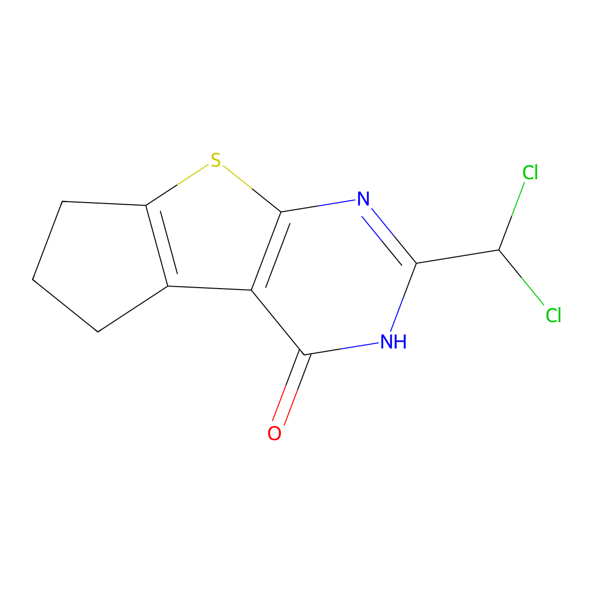 2-(dichloromethyl)-3,5,6,7-tetrahydro-4H-cyclopenta[4,5]thieno[2,3-d]pyrimidin-4-one molecular structure, CAS 724745-65-7